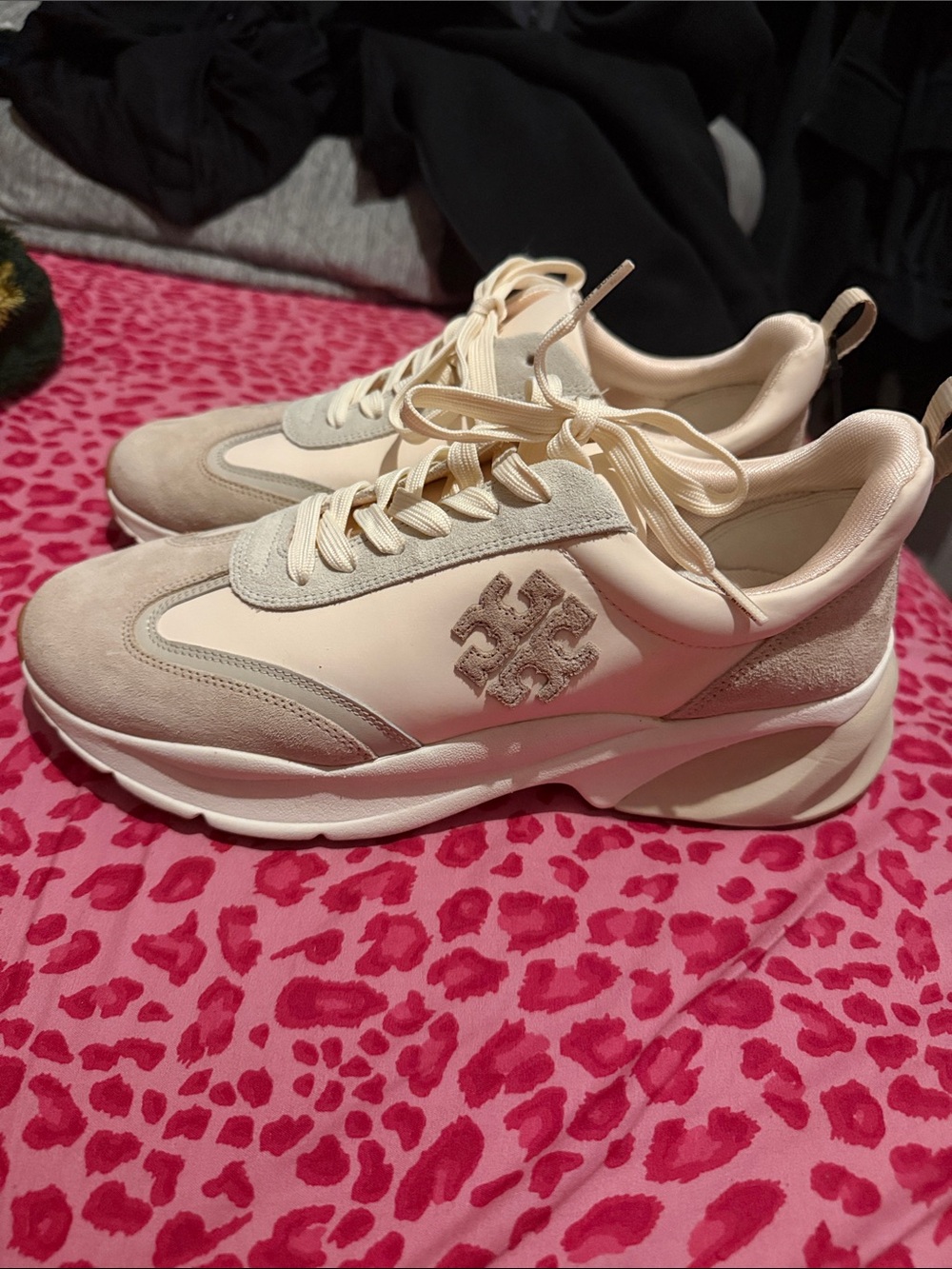 Tory Burch Cream & Beige Suede Platform Sneakers